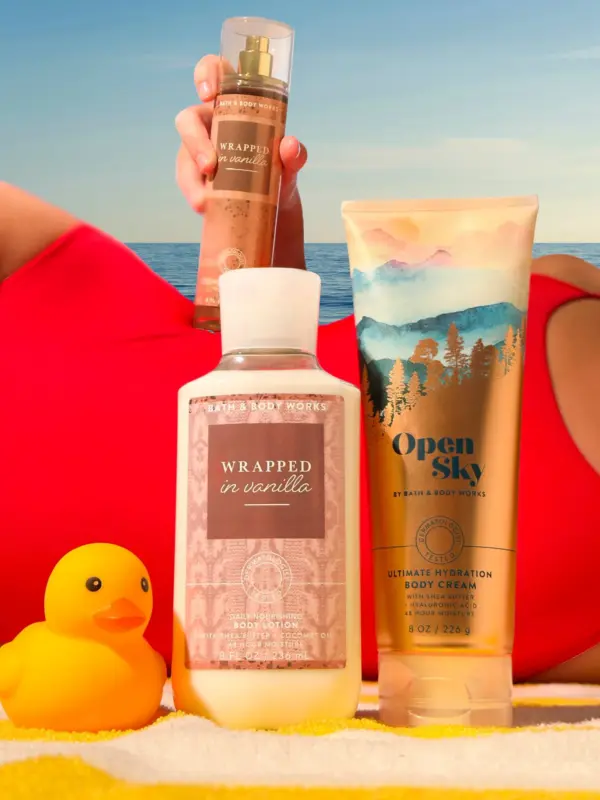 Girl on beach with products